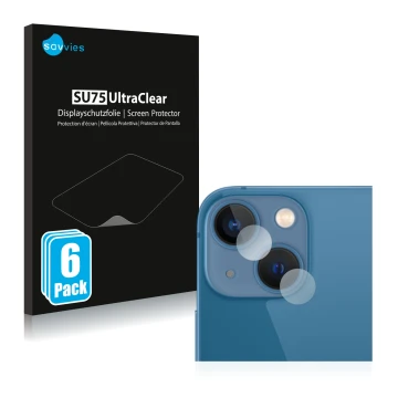 Front side of a product packaging with the brand logo Savvies. Next to it is the device Apple iPhone 13 mini (ONLY Camera Lens