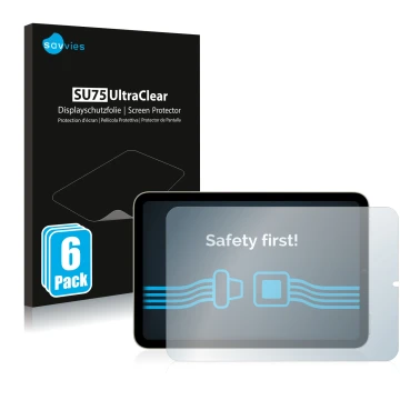 Front side of a product packaging with the brand logo Savvies. Next to it is the device Apple iPad Mini 6 2021 (Landscape, 6nd