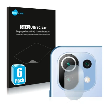 Front side of a product packaging with the brand logo Savvies. Next to it is the device Xiaomi 11 Lite 5G NE (ONLY Camera Lens