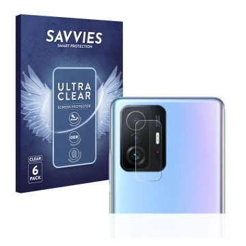 Front side of a product packaging with the brand logo Savvies. Next to it is the device Xiaomi 11T Pro (ONLY Camera Lens) show