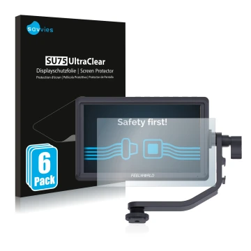 Front side of a product packaging with the brand logo Savvies. Next to it is the device Feelworld FW568 5.5