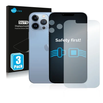 Front side of a product packaging with the brand logo Savvies. Next to it is the device Apple iPhone 13 Pro Max (Front+Camera)