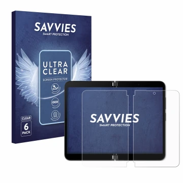 Front side of a product packaging with the brand logo Savvies. Next to it is the device Microsoft Surface Duo 2 (Inner display