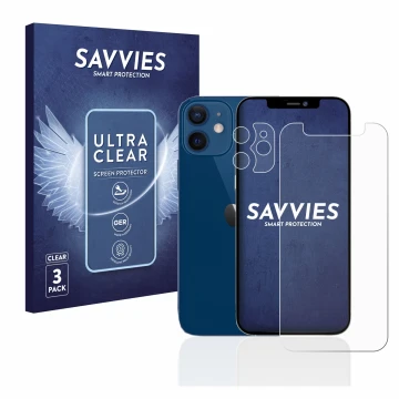 Front side of a product packaging with the brand logo Savvies. Next to it is the device Apple iPhone 12 mini (Front+Camera) sh