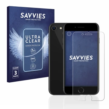 Front side of a product packaging with the brand logo Savvies. Next to it is the device Apple iPhone SE 2 2020 (Front+Camera) 