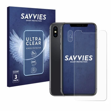 Front side of a product packaging with the brand logo Savvies. Next to it is the device Apple iPhone X (Front+Camera) shown wi