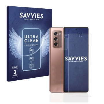 Front side of a product packaging with the brand logo Savvies. Next to it is the device Samsung Galaxy Z Fold 2 5G (Front+Came