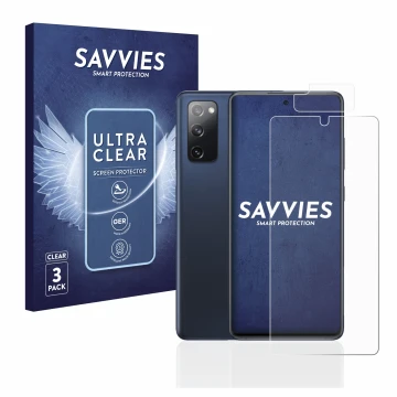 Front side of a product packaging with the brand logo Savvies. Next to it is the device Samsung Galaxy S20 FE (Front+Camera) s