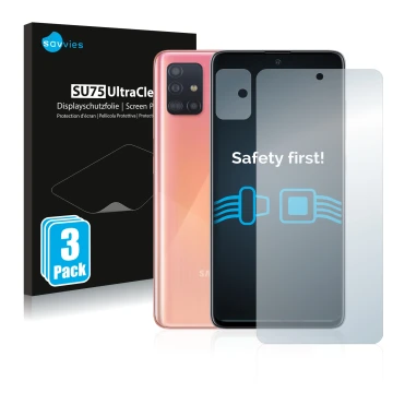 Front side of a product packaging with the brand logo Savvies. Next to it is the device Samsung Galaxy A51 (Front+Camera) show