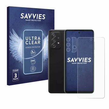 Front side of a product packaging with the brand logo Savvies. Next to it is the device Samsung Galaxy A52 (Front+Camera) show