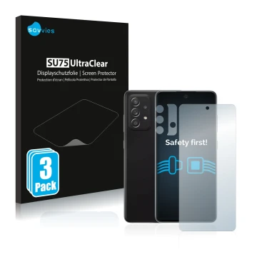 Front side of a product packaging with the brand logo Savvies. Next to it is the device Samsung Galaxy A52 5G (Front+Camera) s