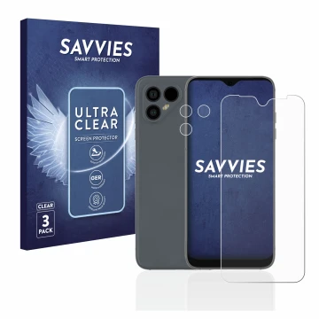 Front side of a product packaging with the brand logo Savvies. Next to it is the device Fairphone 4 (Front+Camera) shown with 