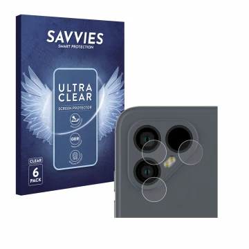 Front side of a product packaging with the brand logo Savvies. Next to it is the device Fairphone 4 (ONLY Camera Lens) shown w