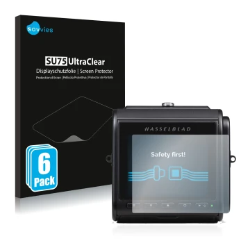 Front side of a product packaging with the brand logo Savvies. Next to it is the device Hasselblad 907X 50C shown with the cor