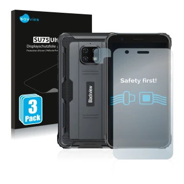 Front side of a product packaging with the brand logo Savvies. Next to it is the device Blackview BV4900S (Front+Camera) shown