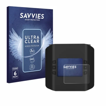 Front side of a product packaging with the brand logo Savvies. Next to it is the device ISDT Smart Duo Charger K4 shown with t