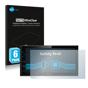 Front side of a product packaging with the brand logo Savvies. Next to it is the device Kenwood DMX5020DABS shown with the cor