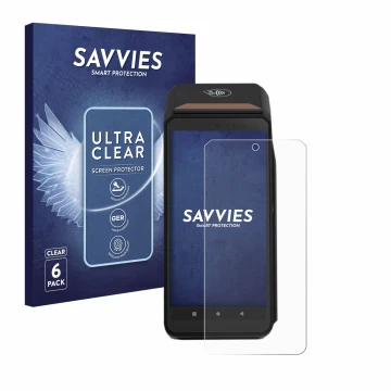 Front side of a product packaging with the brand logo Savvies. Next to it is the device ingenico Axium DX8000 shown with the c