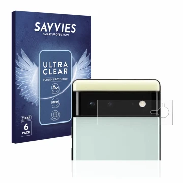 Front side of a product packaging with the brand logo Savvies. Next to it is the device Google Pixel 6 (ONLY Camera Lens) show