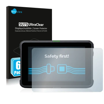 Front side of a product packaging with the brand logo Savvies. Next to it is the device Atomos Shinobi 7 shown with the corres