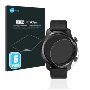 Front side of a product packaging with the brand logo Savvies. Next to it is the device Mobvoi Ticwatch Pro 3 Ultra GPS shown 