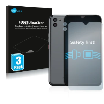 Front side of a product packaging with the brand logo Savvies. Next to it is the device Gigaset GS5 (Front+Camera) shown with 