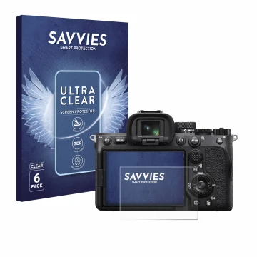 Front side of a product packaging with the brand logo Savvies. Next to it is the device Sony Alpha 7 IV shown with the corresp