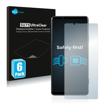 Front side of a product packaging with the brand logo Savvies. Next to it is the device Sony Xperia Pro-I shown with the corre