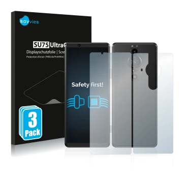 Front side of a product packaging with the brand logo Savvies. Next to it is the device Sony Xperia Pro-I (Front+Back) shown w