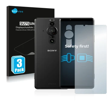 Front side of a product packaging with the brand logo Savvies. Next to it is the device Sony Xperia Pro-I (Front+Camera) shown