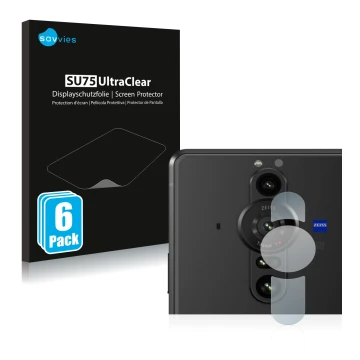 Front side of a product packaging with the brand logo Savvies. Next to it is the device Sony Xperia Pro-I (ONLY Camera Lens) s