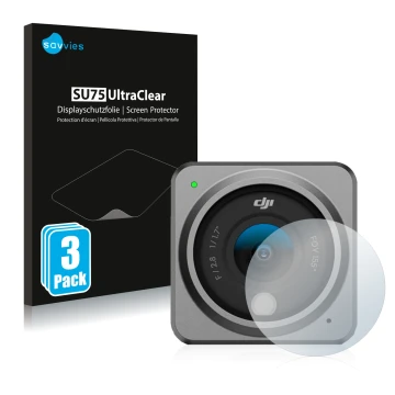 Front side of a product packaging with the brand logo Savvies. Next to it is the device DJI Action 2 Lens (housing) shown with