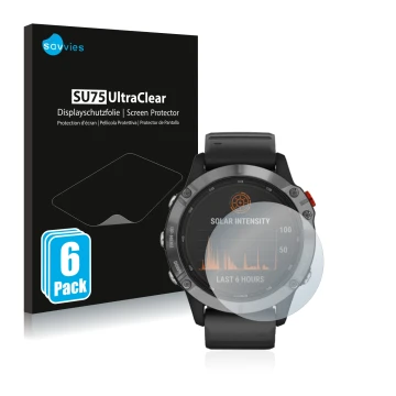 Front side of a product packaging with the brand logo Savvies. Next to it is the device Garmin Fenix 6 Solar shown with the co