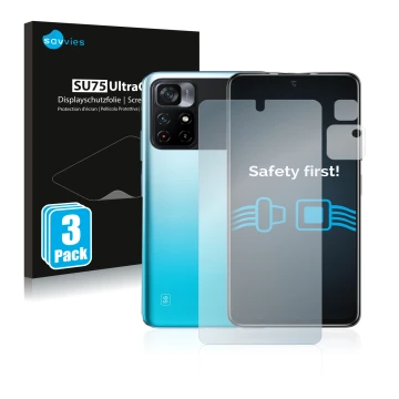 Front side of a product packaging with the brand logo Savvies. Next to it is the device Xiaomi Poco M4 Pro 5G (Front+Camera) s