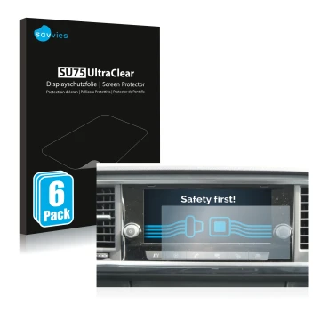 Front side of a product packaging with the brand logo Savvies. Next to it is the device Seat Ateca 2021 Media System 8.25