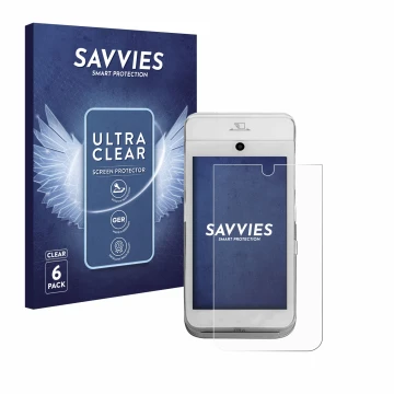 Front side of a product packaging with the brand logo Savvies. Next to it is the device CCV Mobile A920 shown with the corresp