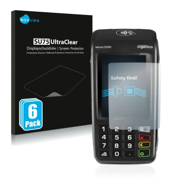 Front side of a product packaging with the brand logo Savvies. Next to it is the device ingenico Move 5000 shown with the corr