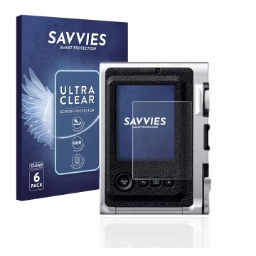 Front side of a product packaging with the brand logo Savvies. Next to it is the device Fujifilm Instax Mini Evo shown with th