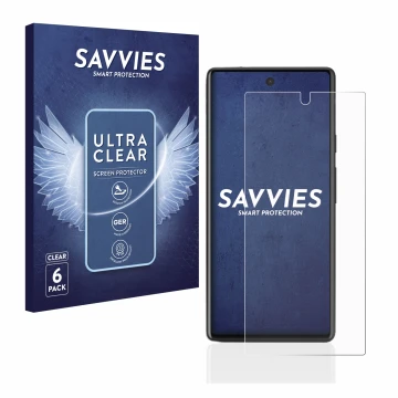 Front side of a product packaging with the brand logo Savvies. Next to it is the device Google Pixel 6a shown with the corresp