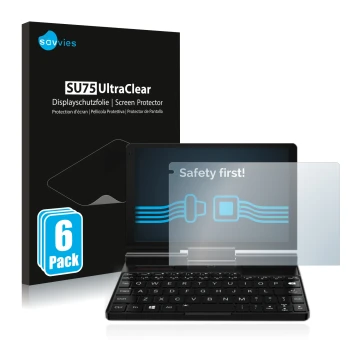 Front side of a product packaging with the brand logo Savvies. Next to it is the device GPD Pocket 3 shown with the correspond