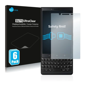 Front side of a product packaging with the brand logo Savvies. Next to it is the device BlackBerry Key2 (Dual Sim) shown with 