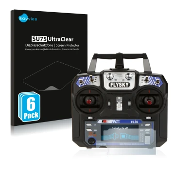 Front side of a product packaging with the brand logo Savvies. Next to it is the device FlySky FS-i6 shown with the correspond