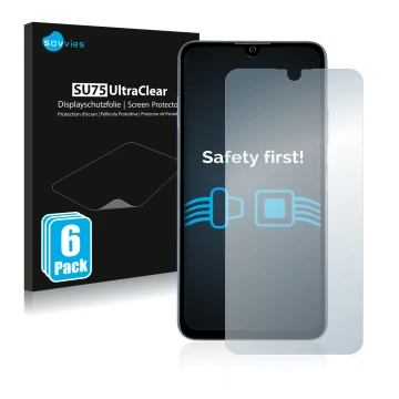 Front side of a product packaging with the brand logo Savvies. Next to it is the device ZTE Blade A71 shown with the correspon