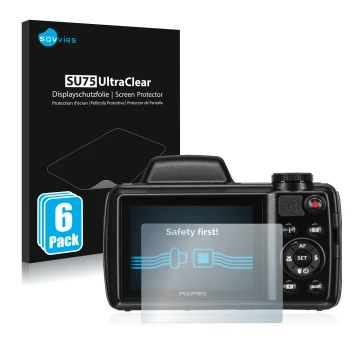 Front side of a product packaging with the brand logo Savvies. Next to it is the device Kodak Pixpro AZ525 shown with the corr