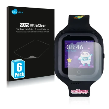 Front side of a product packaging with the brand logo Savvies. Next to it is the device SoyMomo Space 2.0 shown with the corre