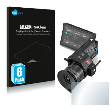Front side of a product packaging with the brand logo Savvies. Next to it is the device Arri MVF-2 shown with the correspondin