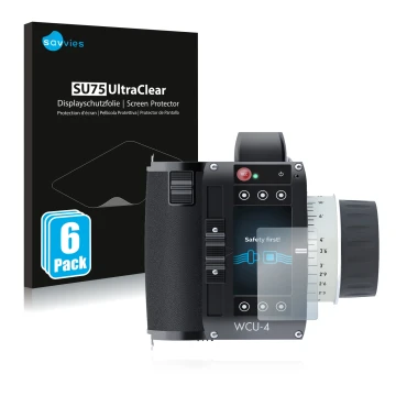Front side of a product packaging with the brand logo Savvies. Next to it is the device Arri WCU-4 shown with the correspondin
