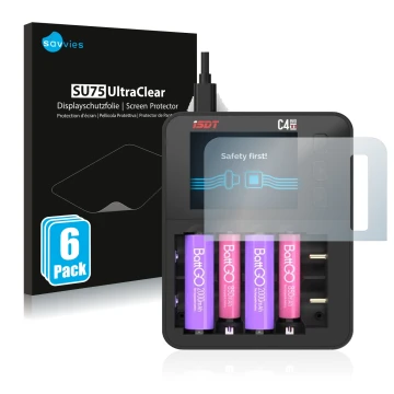 Front side of a product packaging with the brand logo Savvies. Next to it is the device ISDT C4 Evo shown with the correspondi
