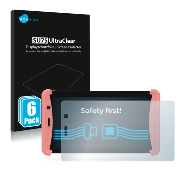 Front side of a product packaging with the brand logo Savvies. Next to it is the device Kurio Tab Lite 2 shown with the corres