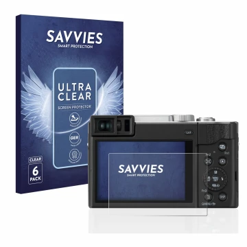 Front side of a product packaging with the brand logo Savvies. Next to it is the device Panasonic Lumix DC-TZ95 shown with the